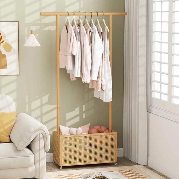 Harmijoy Bamboo Clothes Rack with Rattan Storage Basket & Wheels, Rolling Garment Rack