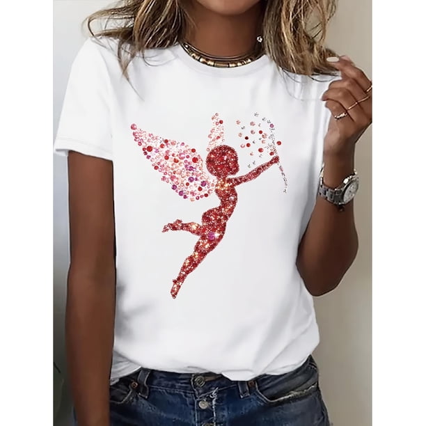 Camiseta con estampado de Cupido Brillante para mujer - Cuello redondo informal de algodón, manga corta, lavable a máquina - Ideal para primavera y verano, ideal para deportes de ocio