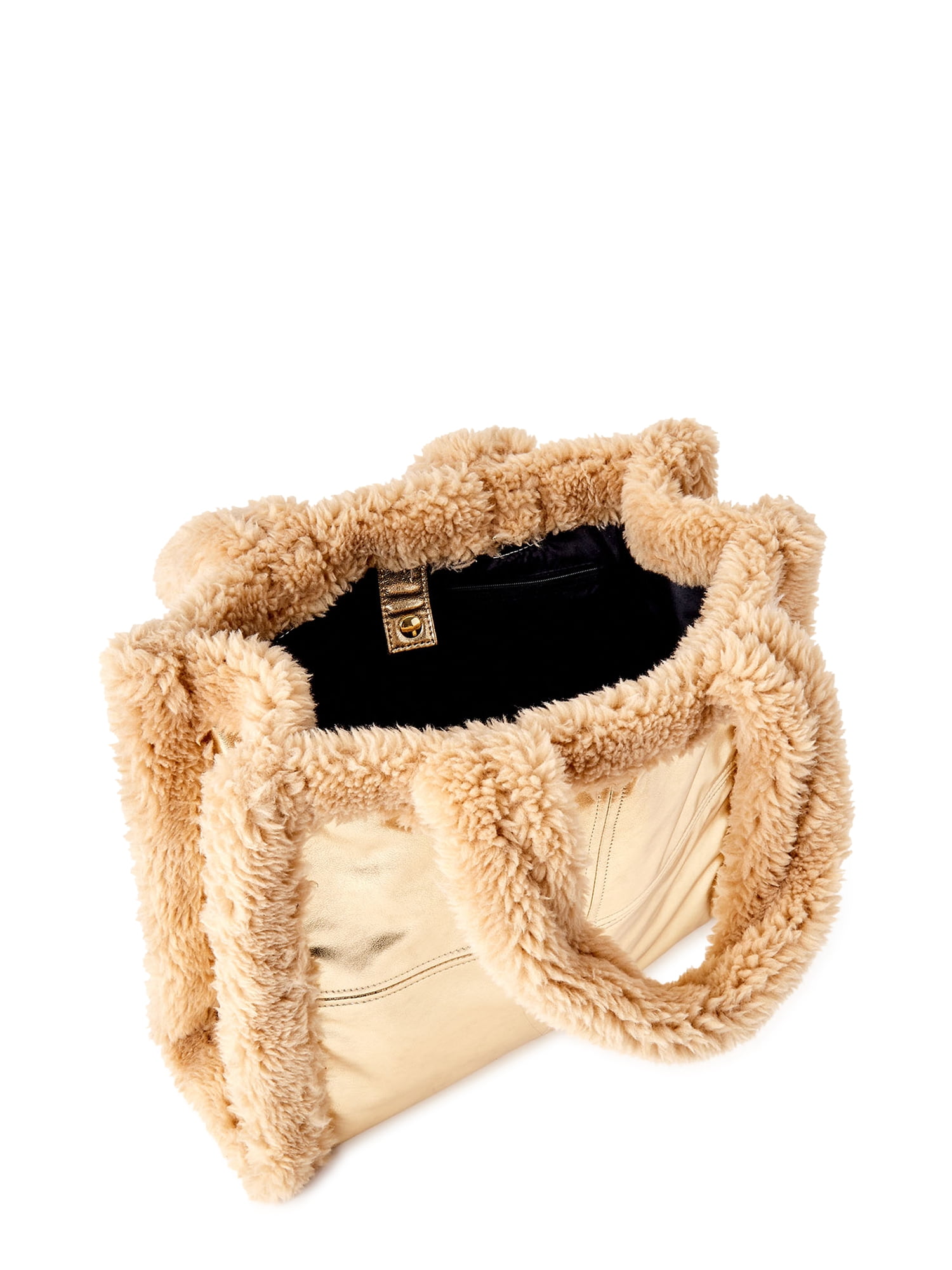 No Boundaries Women's Large Square Sherpa Tote Handbag Gold Tan