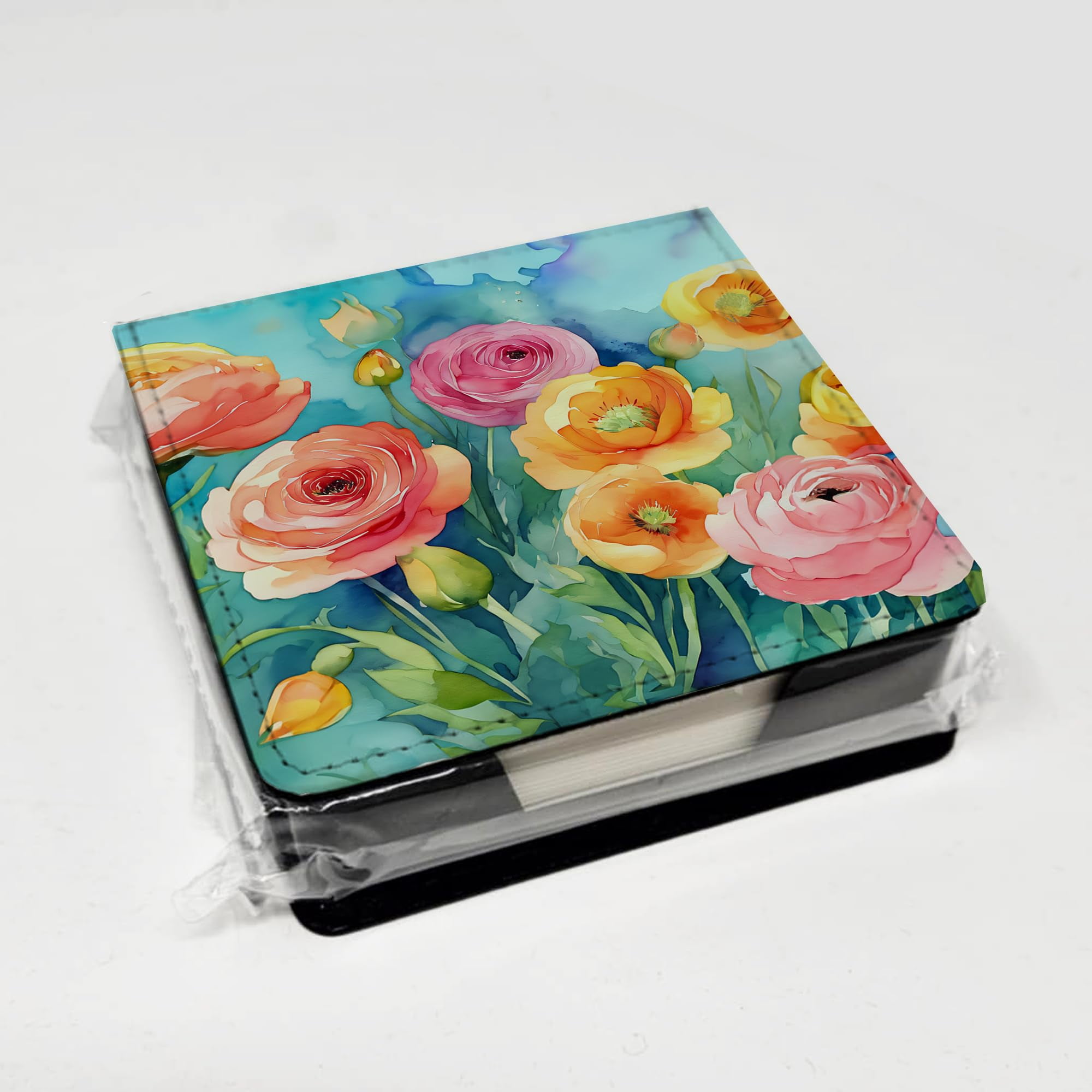 Caroline's Treasures Ranunculus in Watercolor PU Leather Note Paper Holder with Artist-Designed Cover, Desk Accessory, Office Gift
