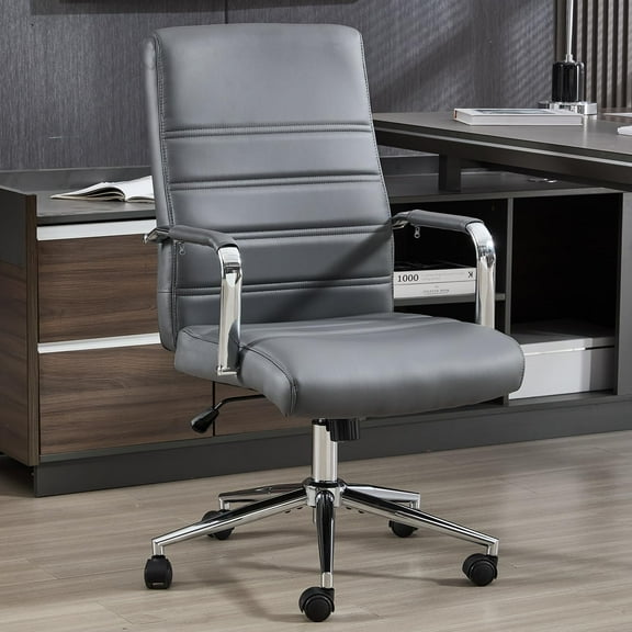 Office Desk Chair Leather, Conference Room Chairs with Wheels, Modern Executive Office Chairs Adjustable Height, Ergonomic Swivel Rolling Ribbed Computer Chair(Grey)