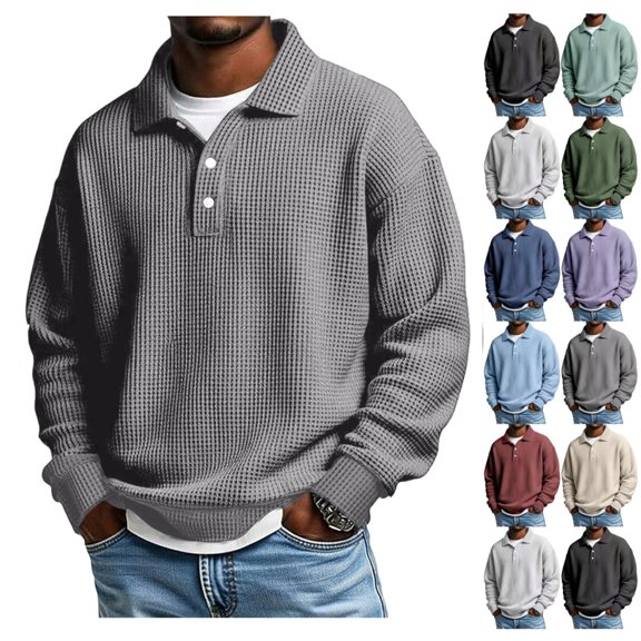 Waffle Long Sleeve Polo Shirts for Men Big and Tall Golf Shirt Casual Collared Lightweight T Shirts Textured Knit Tops