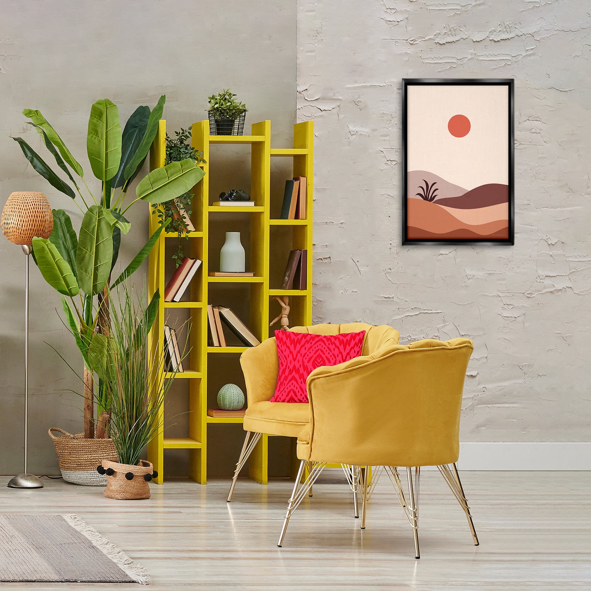 Stupell Industries Boho Desert with Plant Landscape & Nature Painting Black Floater Framed Canvas Art Print Wall Art, 17 x 25