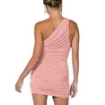 thumbnail image 3 of Women's Sexy One Shoulder Ruched Sleeveless Bodycon Stretchy Mini Pencil Club Dress Solid Color, 3 of 6