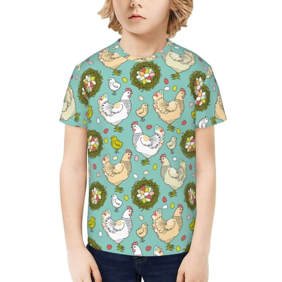 Fuzoiu Chicken Laying Eggs Print Boys' Casual T-Shirt,Crewneck Undershirts,Boys Athletic Shirt,Short Sleeve T-Shirts for Outdoor Play