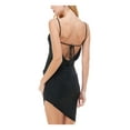 thumbnail image 2 of CITY STUDIO Womens Black Stretch Ruched Tie Open Cowl Back Asymmetrical Hem Spaghetti Strap Round Neck Short Party Body Con Dress S, 2 of 4