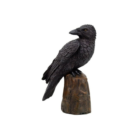 Black Raven Perched On A Tree Stump Statue Halloween Home Decor