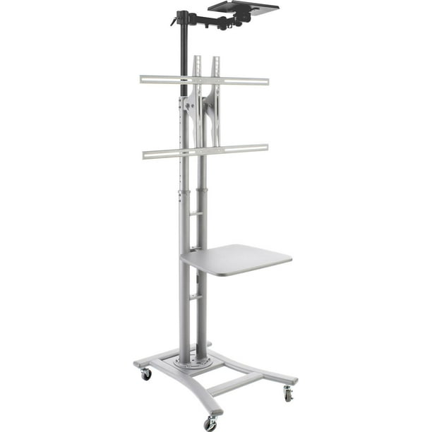 Mobile TV Floor Stand for 37" to 70" Televisions, Locking Wheels, Camera Tray, Shelf (Silver