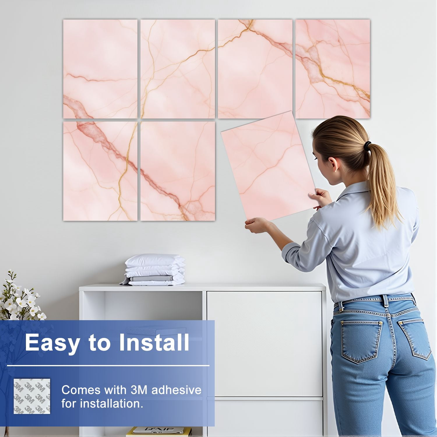 8 Pack Art Acoustic Panels Sound Absorbing Pink Marble Soft Veins Elegant Abstract Decorative Soundproof Wall Panels Self Adhesive for Nursery Game Room Bedroom 48"x32"