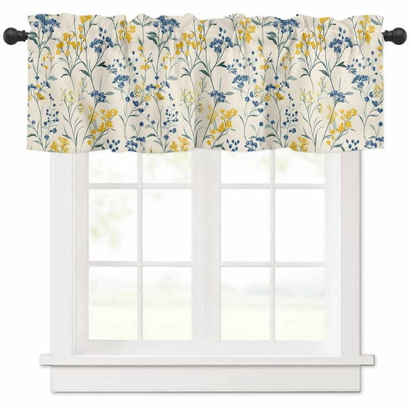 nqOlkjepod Yellow Blue Flowers Farmhouse Short Window Curtain Valances, Watercolor Botanical Floral Plants Rod Pocket Kitchen Valances for Living Room Bedroom Bathroom Cafe, 1 Panel - 42" x 12"