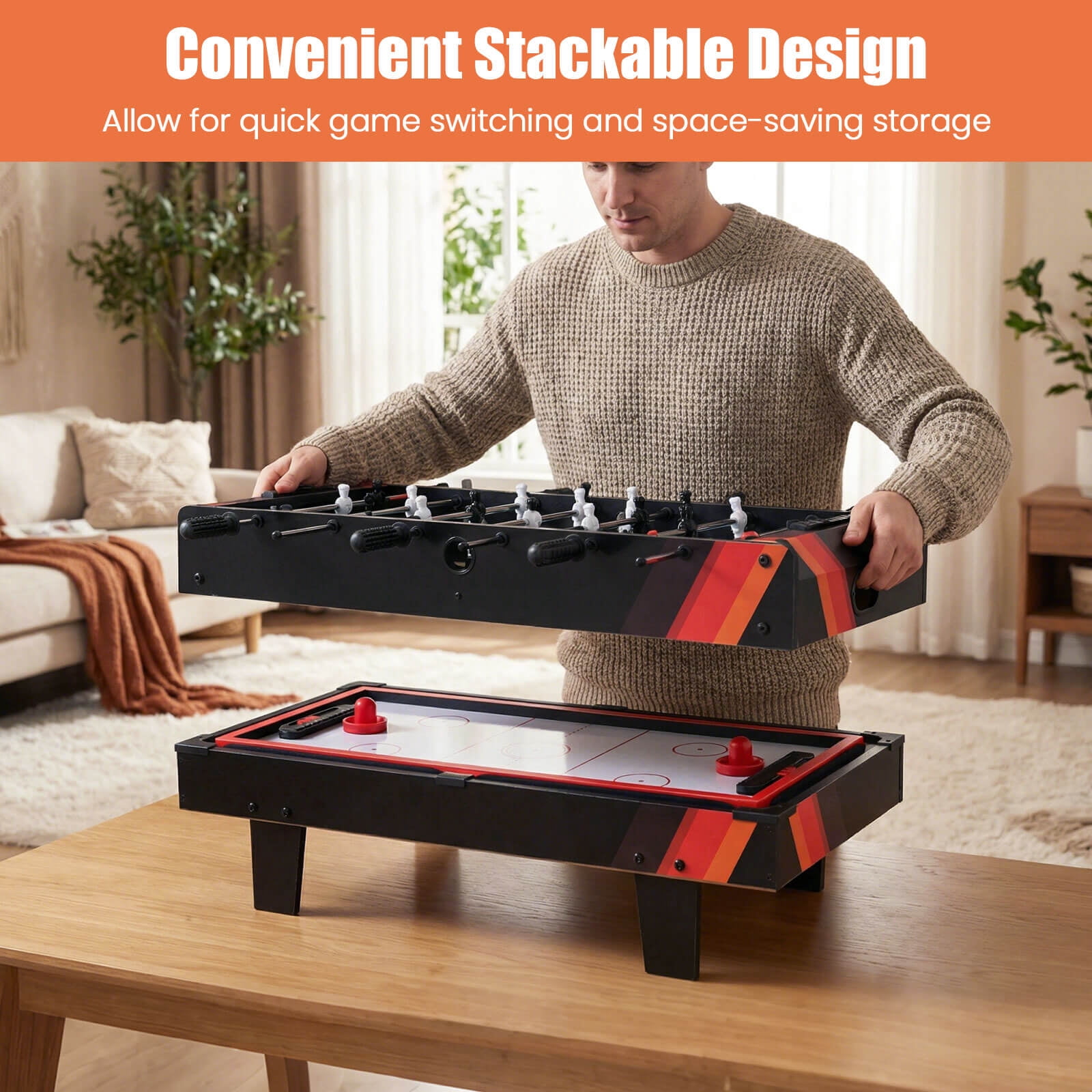 Costway 4 in 1 Multi Game Table with Stackable Tabletops of Billiards, Air Hockey, Foosball Black