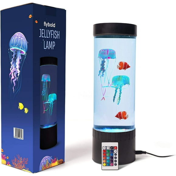 Flybold Jellyfish Lamp with 20 Color Changing Lights, 2 Clownfish, and Remote - Small Jelly Fish Tank Color Changing Mood Light for Adults and Girls (Purple)