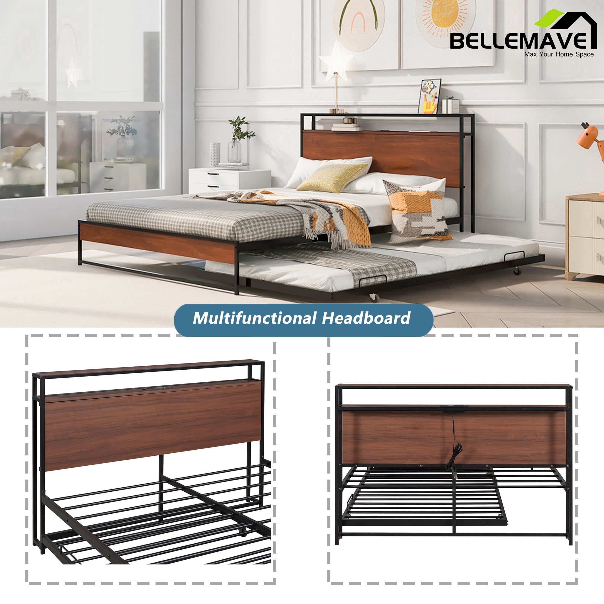 Bellemave Queen Platform Bed Frame with Twin Size Trundle, Usb Ports and Storage Shelf, Metal Queen Bed Frame with Headboard, Noise-Free, No Box Spring Needed(Black)