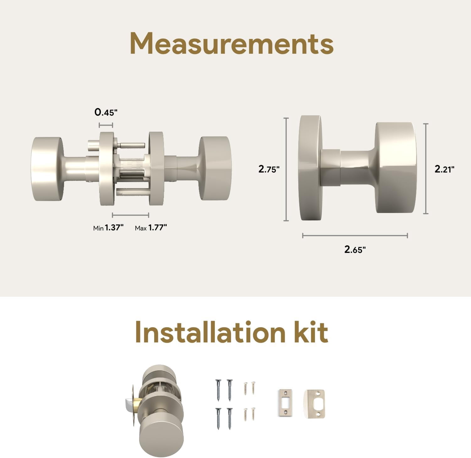 Mega Handles Buena Privacy Door Knob | Satin Nickel, Reversible | Fits Standard Doors | Includes Screws | Ideal for Bedroom and Bathroom