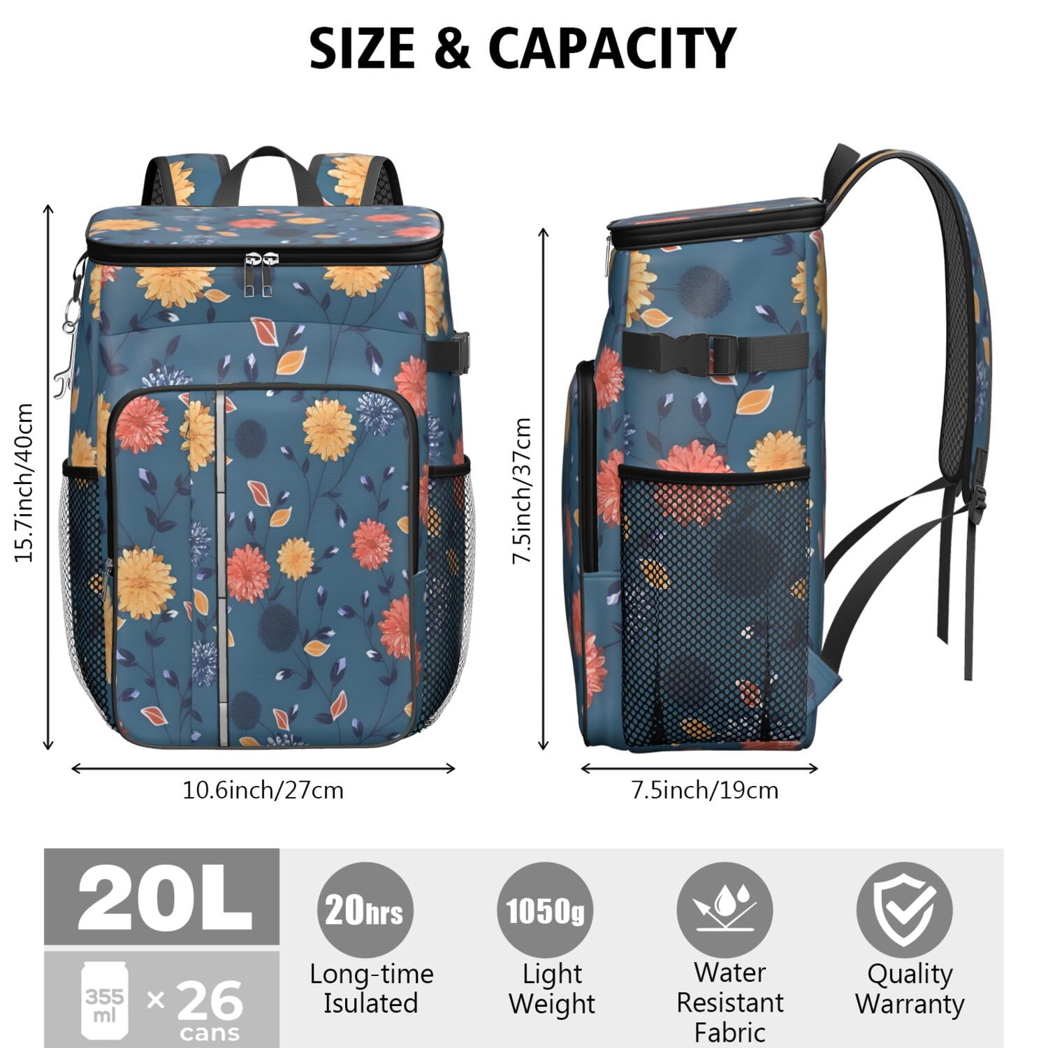 Travel Cooler Bag - Pioneer Flower Floral Print Pattern Camping Beer Cooler Backpack with Bottle Opener- Waterproof Insulated Picnic Backpacks - Cooler Bag for Beach