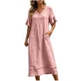 thumbnail image 5 of Admvng Womens Casual Dress Short Sleeve Pockets V Neck Flowy Summer Linen Dress, 5 of 9