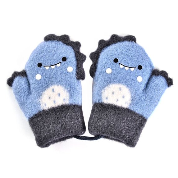 Winter Hanging Neck Plush Children Knitted Mittens Cute Kids Gloves Thick Warm BLUE