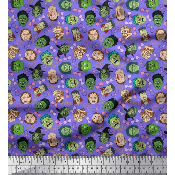 Soimoi Crepe Silk Fabric Specs,Bow & Witch Face Halloween Printed Fabric 1 Yard 42 Inch Wide