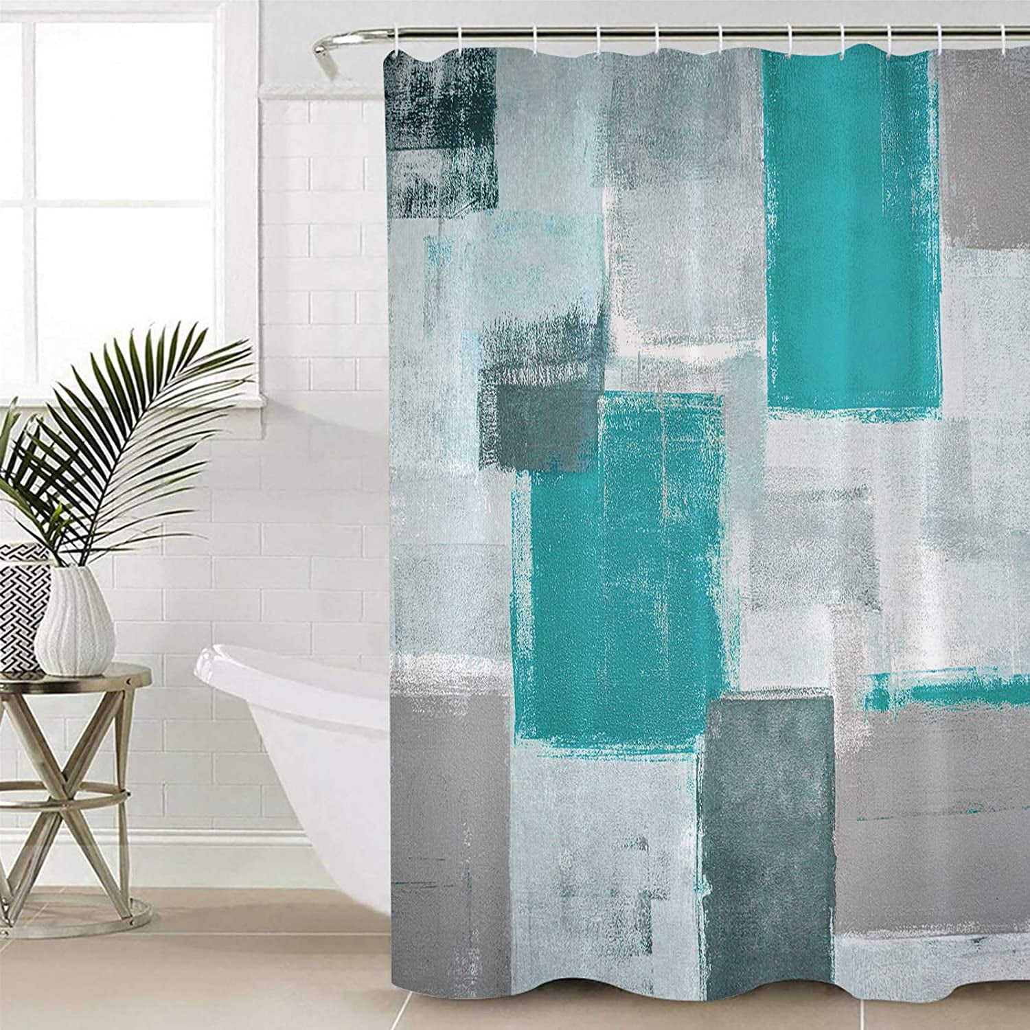Fabric Shower Curtain for Bathroom, Abstract Texture Teal Custom Shower Curtain Set with Hooks, Luxury Bathroom Curtains, Oil Painting Art Waterproof Polyester Bathroom Accessories, 36x72inch