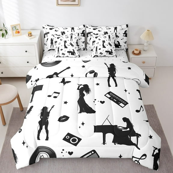 Erosebridal Music Princess Bedding Twin Size, Black White Bedding Sets Twin Size, Melody Album Reversible Bed Set, Super Cozy Bedroom Decoration, 7-Piece