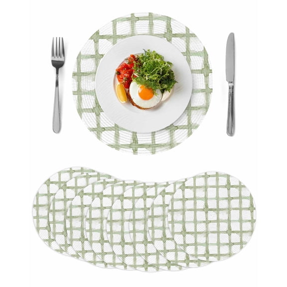 Sage Green Buffalo Plaid Round 15 Inch Placemats Set of 8, Farmhouse Check Stripes Geometric HeatResistant Non Slip Place Mats for Dining Table, Wipeable Braided Kitchen Table Mats for Housewarming