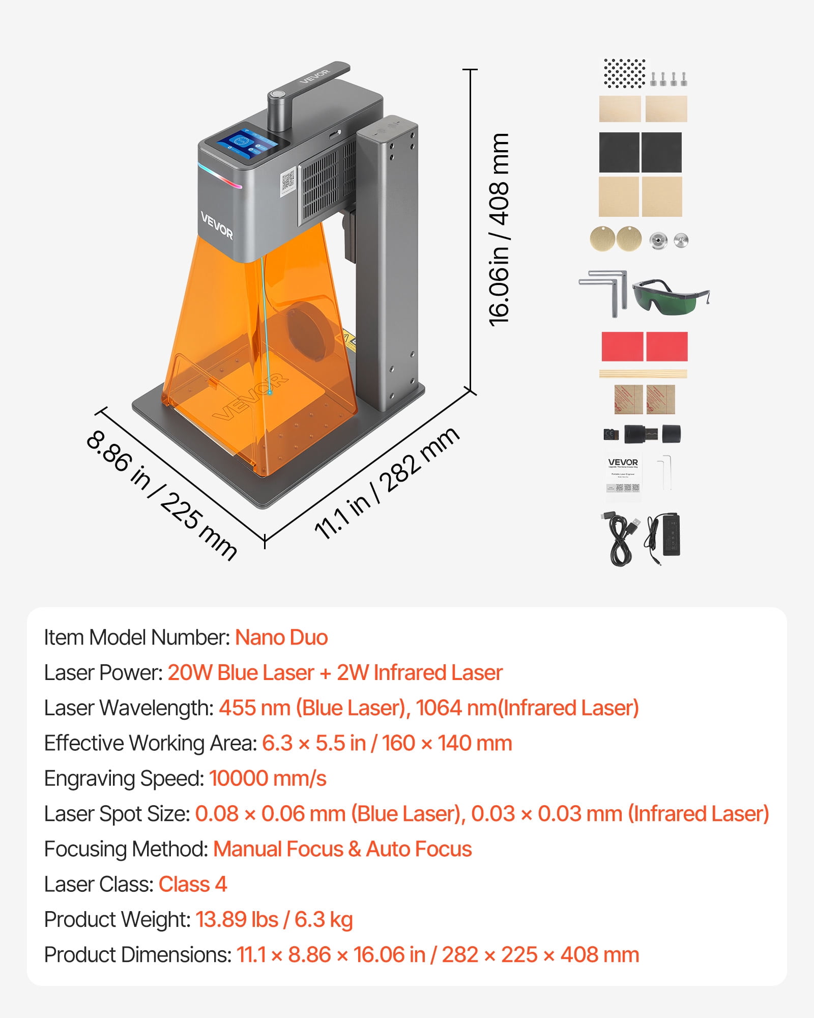 VEVOR 2-in-1 Dual Laser Engraver, 10,000 mm/s High Speed, Portable 20W Blue and 2W IR Laser Engraving Machine, 6.3 x 5.5 in Engraving Area, Manual & Auto Focus, DIY Engraver Tool, for Wood Acrylic