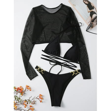 3 Pack Triangle Thong Bikinis 2024 Swimsuit Solid Mesh Top Ring Link Swimwear Female Sexy Bathing Suit Swimming Summer Beachwear