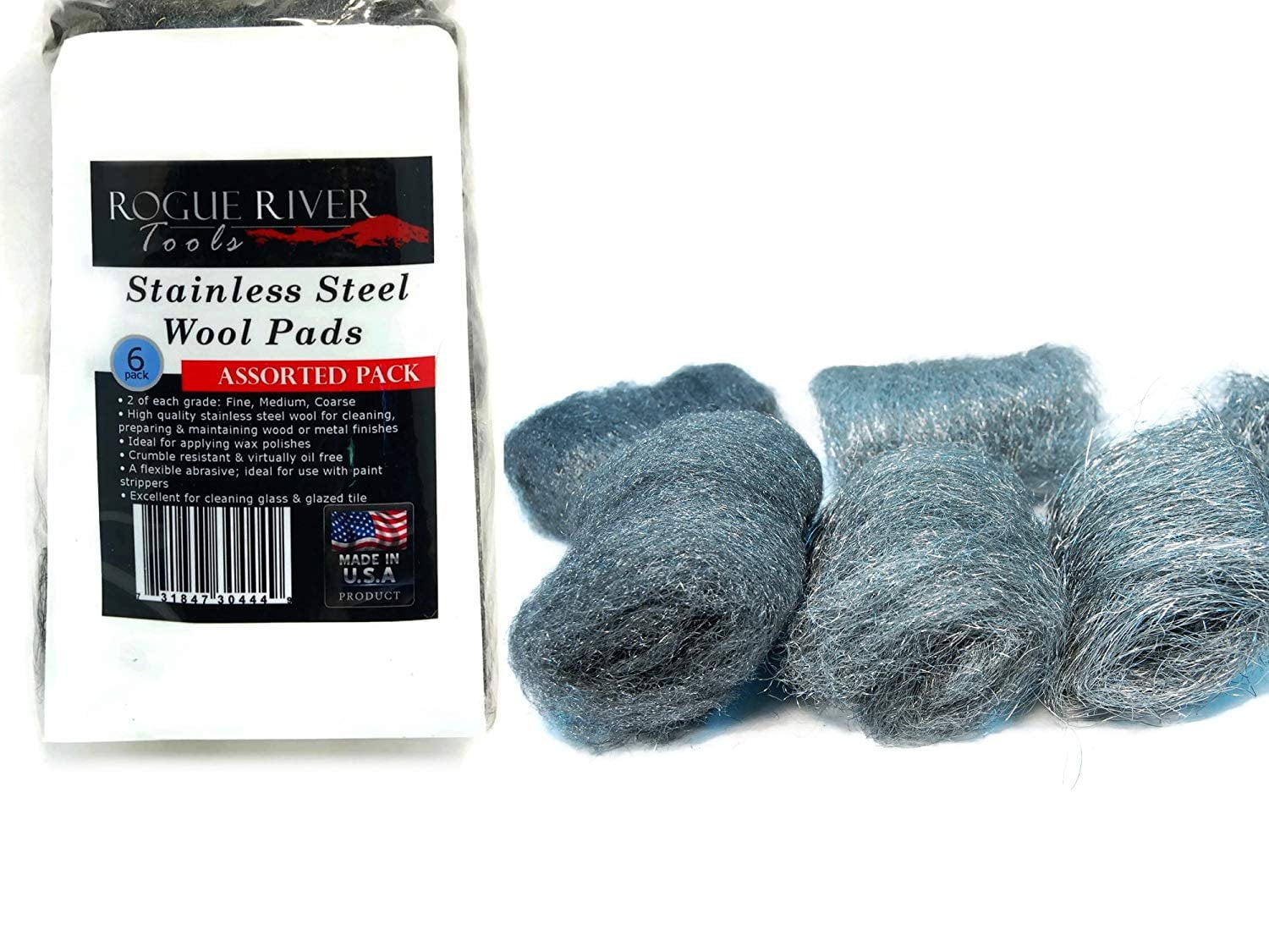Stainless Steel Wool Pads, 6pc Assorted Pack Fine, Medium, Coarse by Rogue River Tools. Made