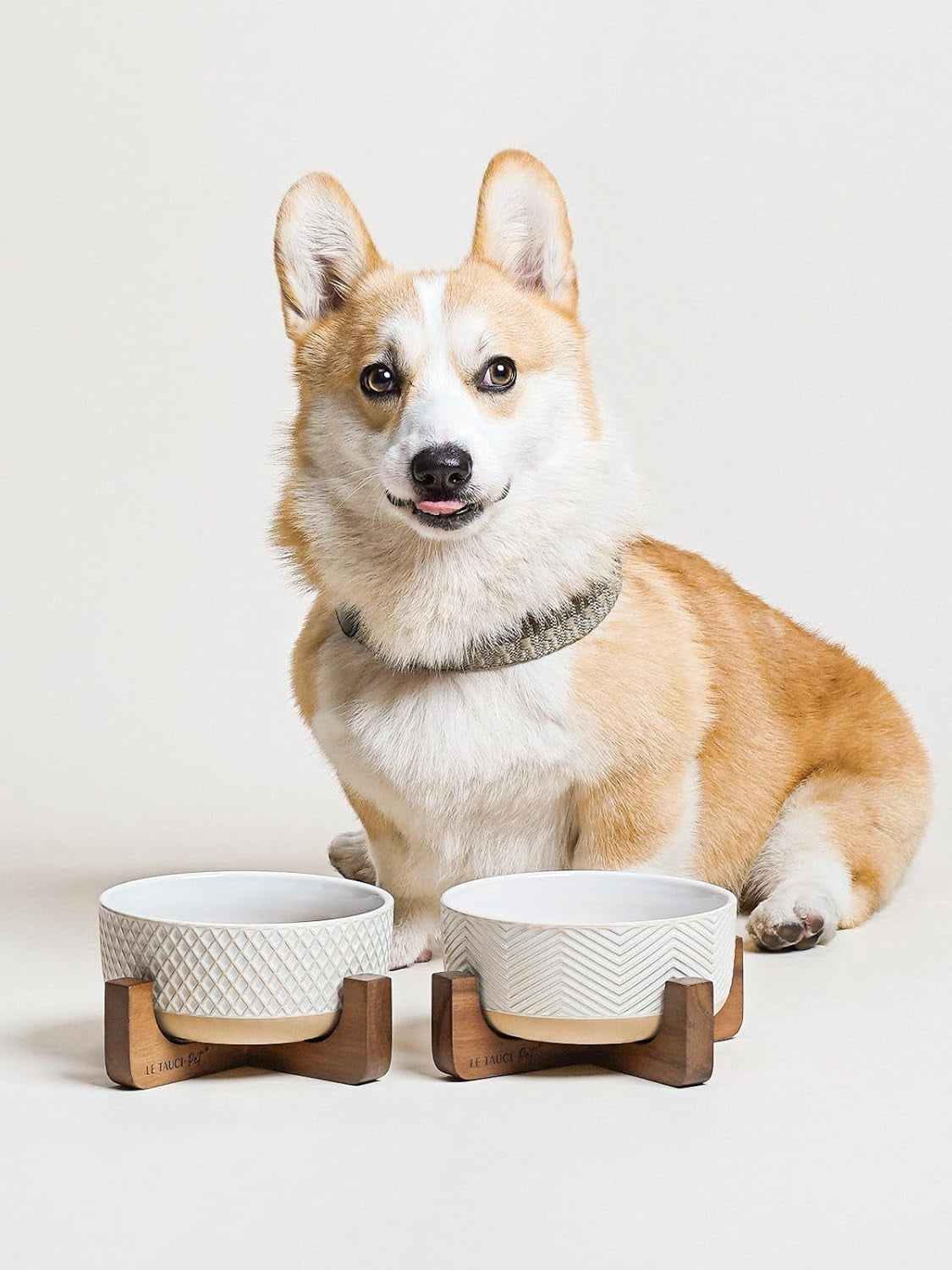 Ceramic Dog Bowls with Wood Stand, 4-Cup Pet Food and Water Dishes Set of 2 for Small Medium Dogs