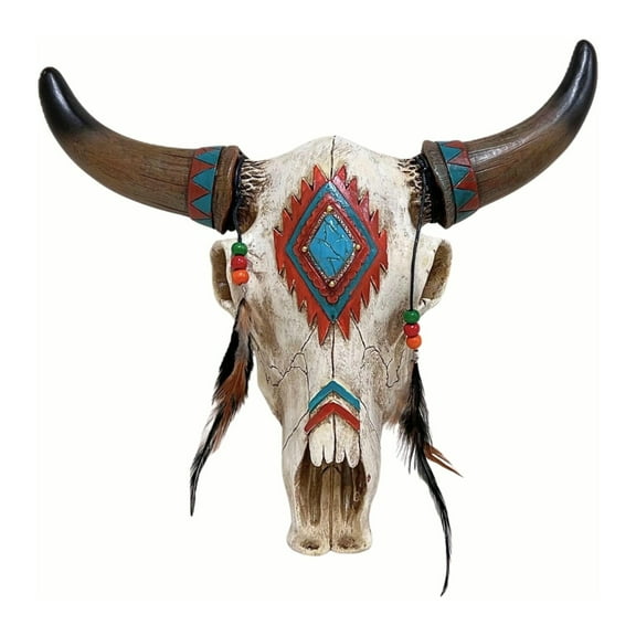 Wall Hanging Rustic Southwest Tribal Style Bull Head Skull with Feathers, Beads & Faux Turquoise Stone-  Bull Skull Wall Art for Rustic Home Decor