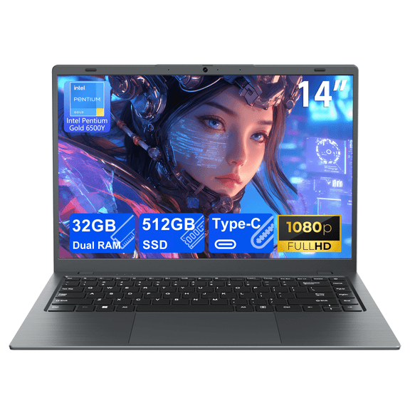 RNRUO 14" Laptop Computer, 32GB RAM 512GB SSD Intel 6500Y with 2 Cores, 1080p Display, Dual 4K Output, Type-C PD WiFi5 BT5.0, Office 2024 Windows 11 for Business Study, Dark Gray