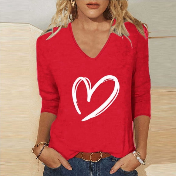 Karight 3/4 Sleeve V-Neck Shirts for Women Cute Love Heart Graphic Shirts Valentine's Tops Spring Day Blouse
