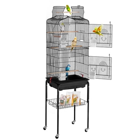 EVOR 64" Open Top Large Bird Cage, Flight Parrot Cage with Detachable Rolling Stand, Removable Tray & Feed Doors, Birdcage with Swing for Parakeets Cockatiels Lovebirds Finches