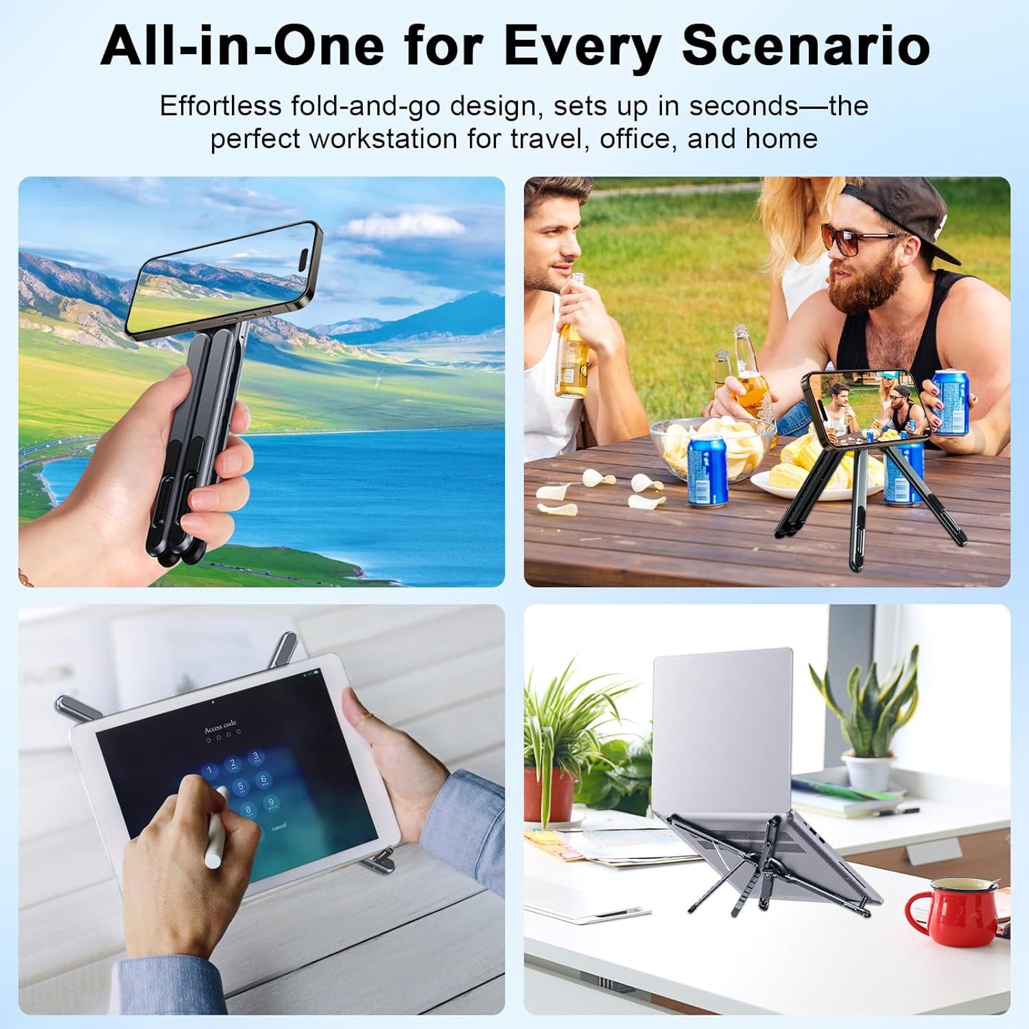 Foldable Laptop Stand for Desk, 3 in 1 Portable Holder for Laptop, Tablet & Phone with Magnetic Mount, Aluminum Alloy Holder with 8 Height Adjustment for 10–16" Laptops and 4–13" Phones/Tablets