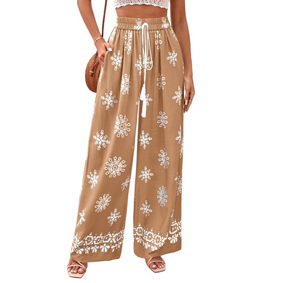 Women'S Wide Leg Palazzo Pants Boho Floral Trousers Flowy Beach Vacation Clothes Resort Wear Khaki L