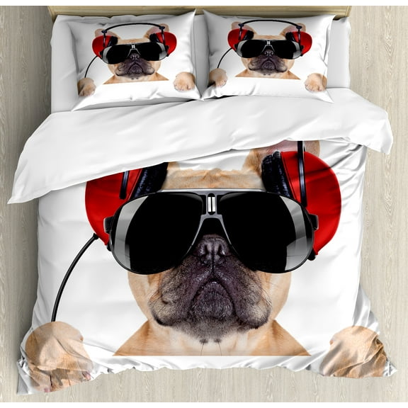 Ambesonne Popstar Party Duvet Cover Set, DJ Bulldog Music, Calking, Pale Brown Black Red
