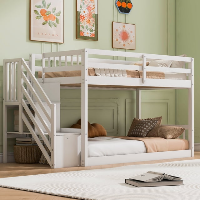 MODERNLUXE Lit Superposé au Sol Simple sur Simple, Lits Superposés Bas avec Escaliers de Rangement pour Enfants Ados, Blanc