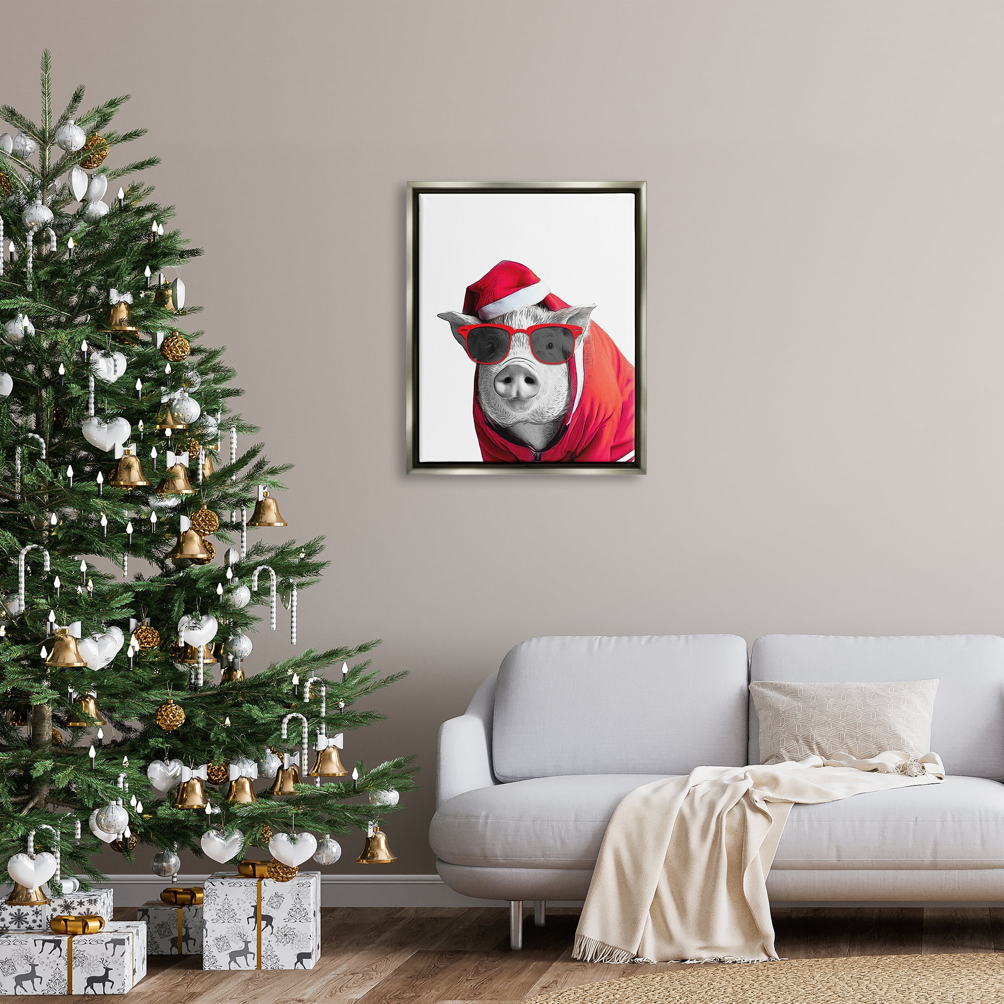 Stupell Industries Pig in Holiday Clothes Holiday Painting Gray Floater Framed Canvas Art Print Wall Art, 25 x 31