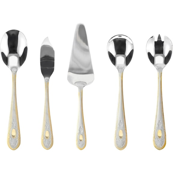 5 Piece Hostess Set - 18/10 Stainless Steel Serving Utensil Set - Gorgeous Vintage Handle with Gold Detailing - Dishwasher Safe - Silver and Gold Flatware Hostess Serveware (Amalfi)