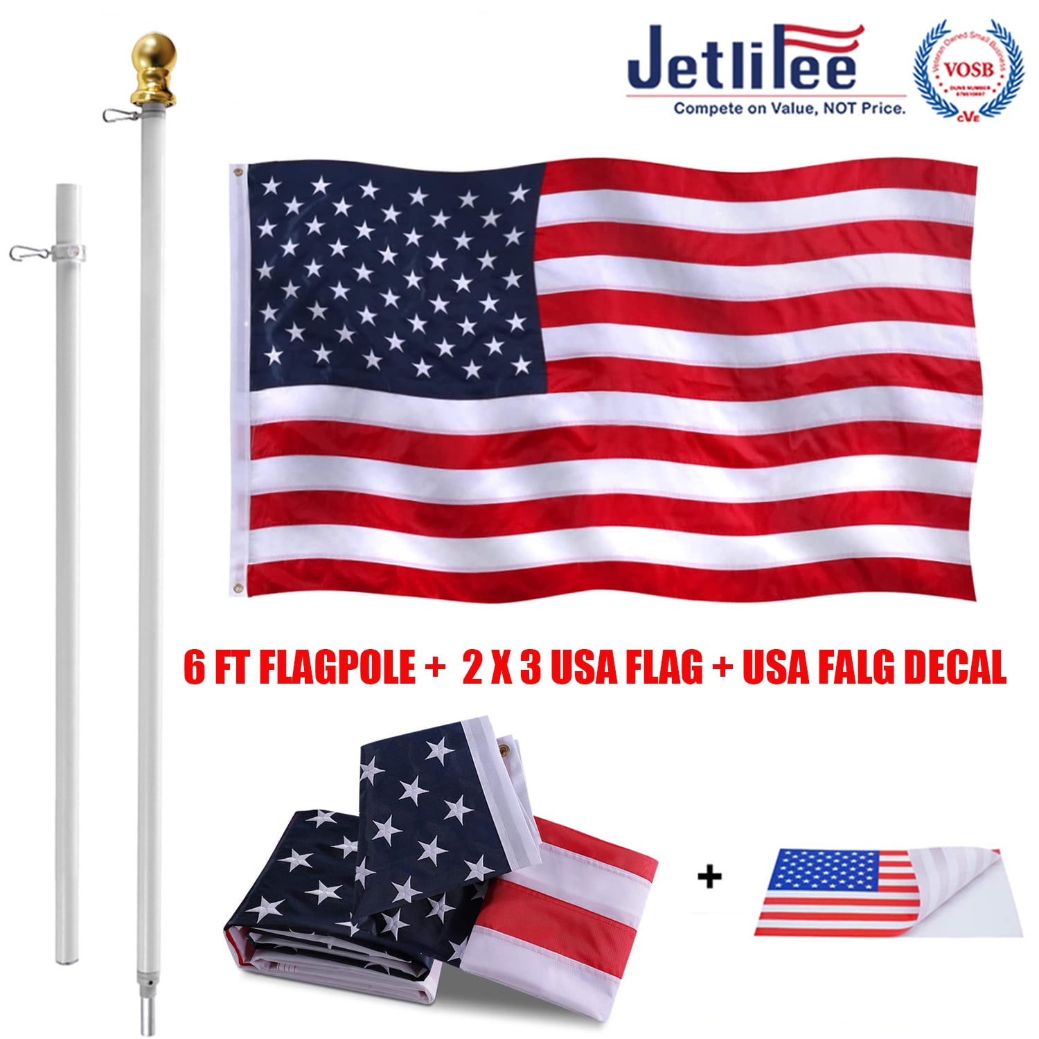 Jetlifee 2x3 Ft American Flag And Flag Pole 6 Ft 360° Free Spinning 100 Polyester 2 By 3 Us Flag