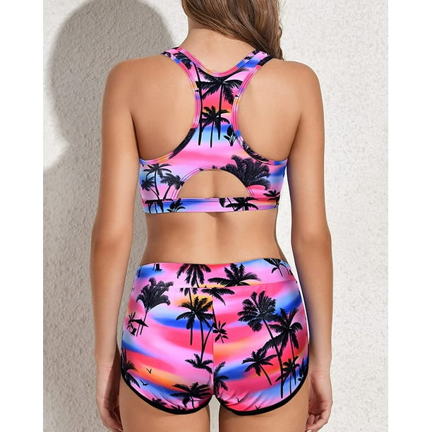 Women Two Piece Sports Bikini Athletic Swimsuits Sporty Racerback Crop Top  with Shorts Bathing Suits for Girls Vests 