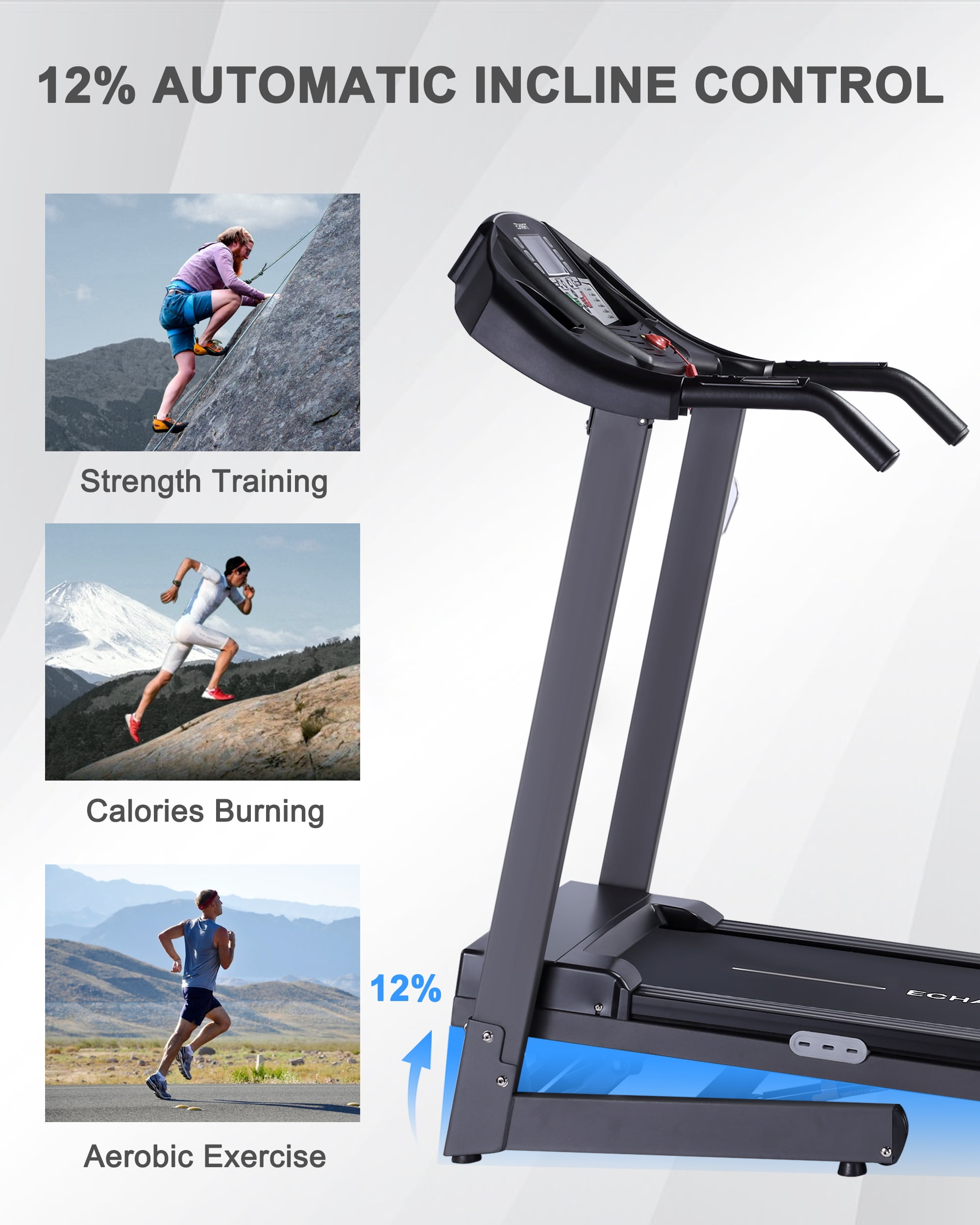 ECHANFIT Auto Treadmill with 12 and Bluetooth Speaker 17.5