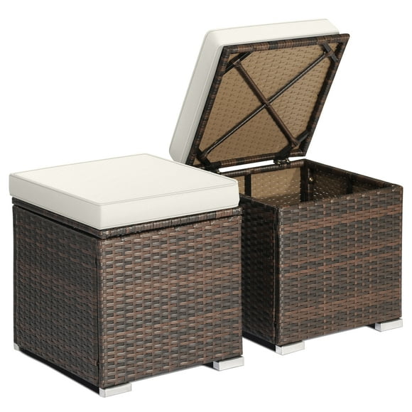 Topbuy 2 Pieces Patio Ottoman Multipurpose Outdoor Wicker Footstool Storage Box Side Table w/ Solid Metal Frame Additional Seating w/ Removable Cushions Off White