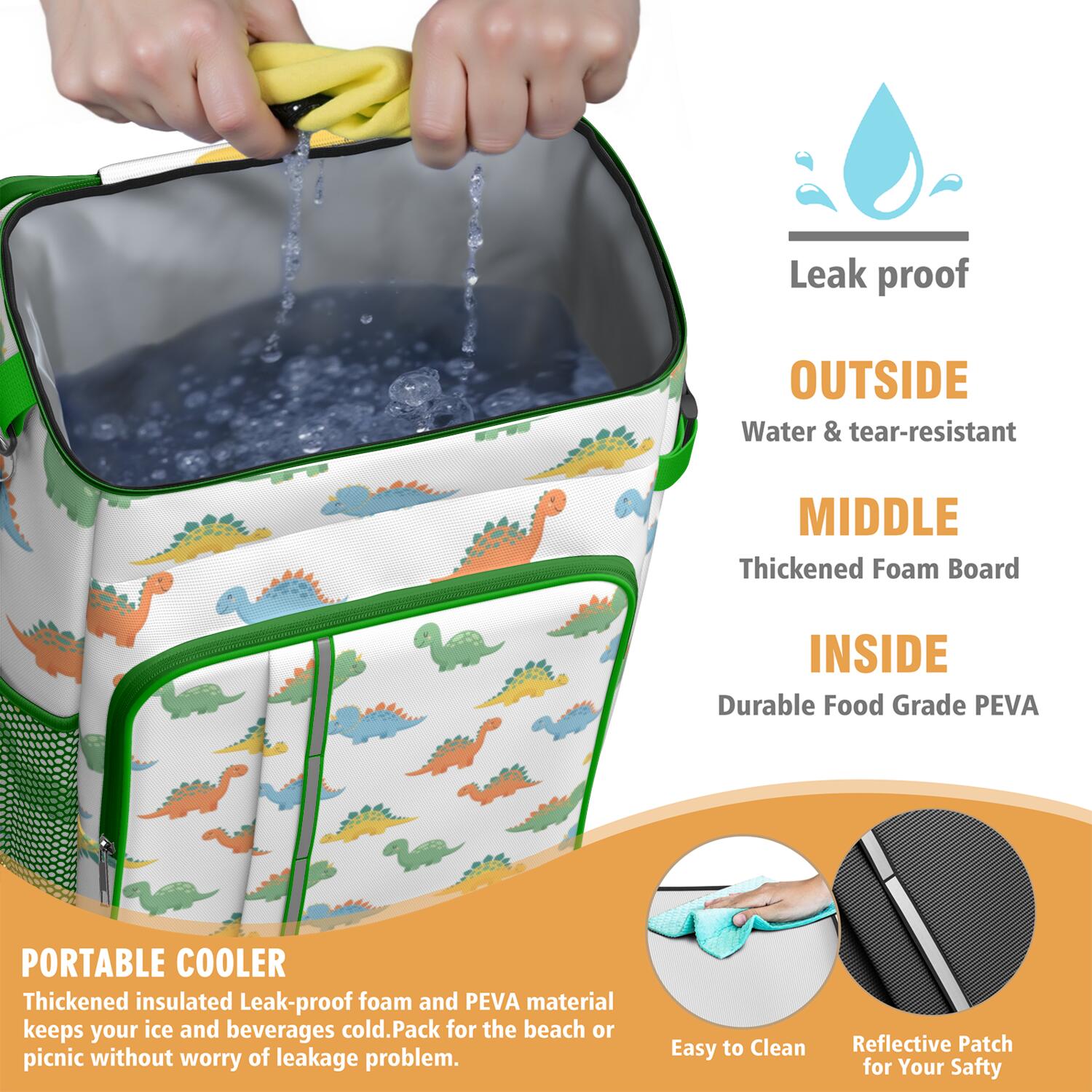 Travel Cooler Bag - White Cartoon Dinosaurs Pattern Camping Beer Cooler Backpack with Bottle Opener- Waterproof Insulated Picnic Backpacks - Cooler Bag for Beach
