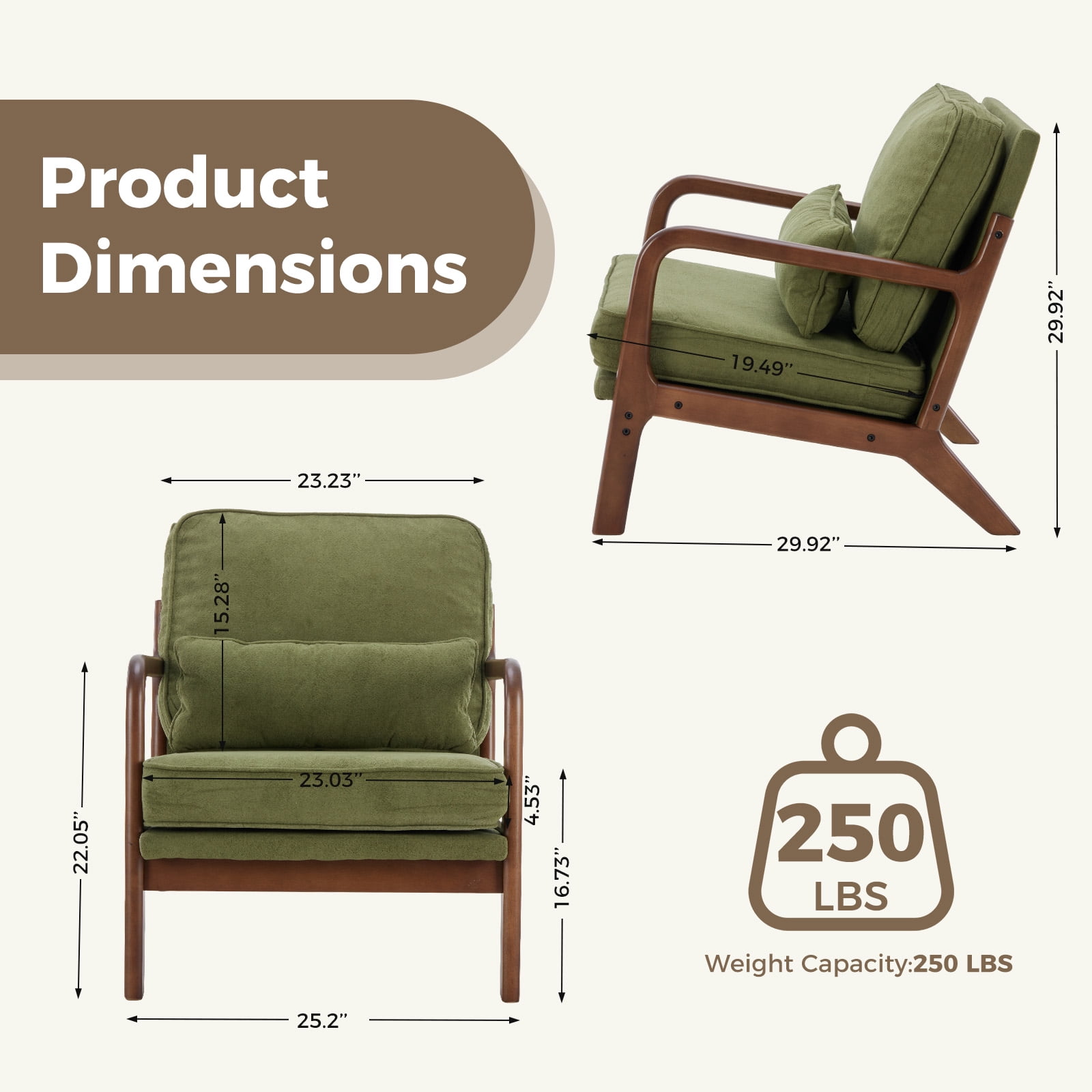 Mid-Century Modern Accent Chair with Arms and Waist Cushion, Solid Wooden Frame
