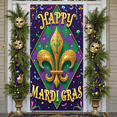thumbnail image 5 of gold fleur-de-lis Happy Mardi Gras Banner green feathers Carnival Display colorful stars purple background Festive Backdrop for Mardi Gras Party Carnival Celebration New Orleans Event, 5 of 9