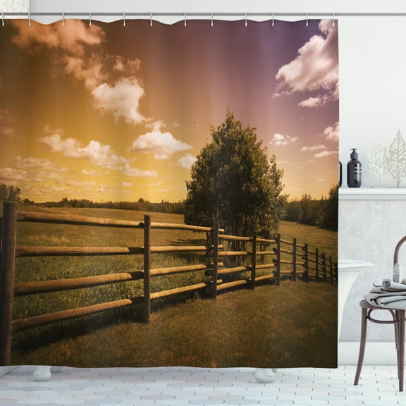 Ambesonne Nature Scene Shower Curtain, Rural Meadow Fence Sky, 69"Wx75"L, Mauve Taupe Amber