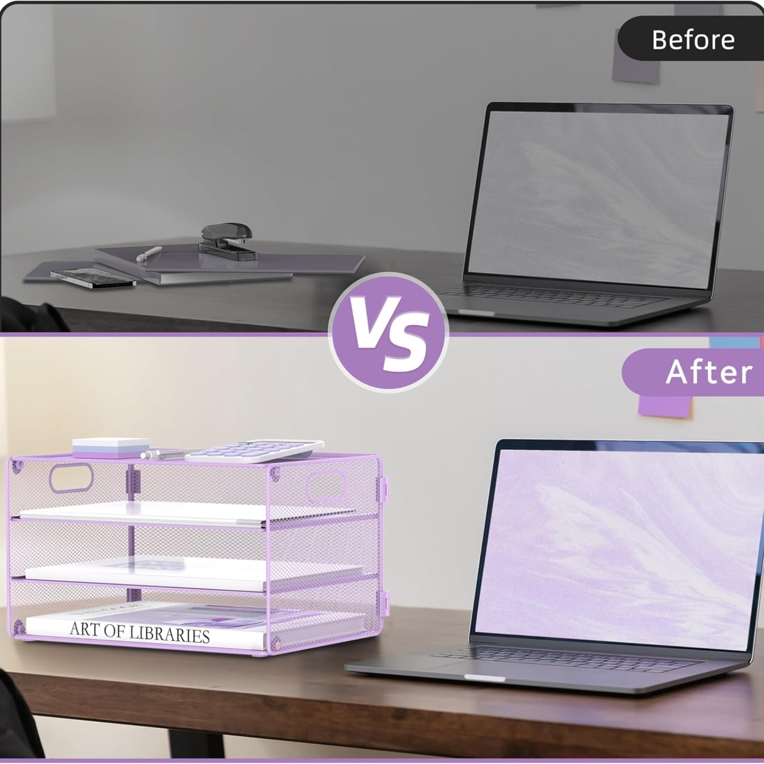 INTIGE 3-Tier File Organizer with Handles, Mesh Desktop Storage Cabinet, Suitable for Home and Office