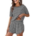 thumbnail image 2 of Miluxas Two Piece Stripe Pajamas Set Women Nightwear Short Sleeve Sleepwear Soft Side Split Loungewear Pjs Sets Black, 2 of 9