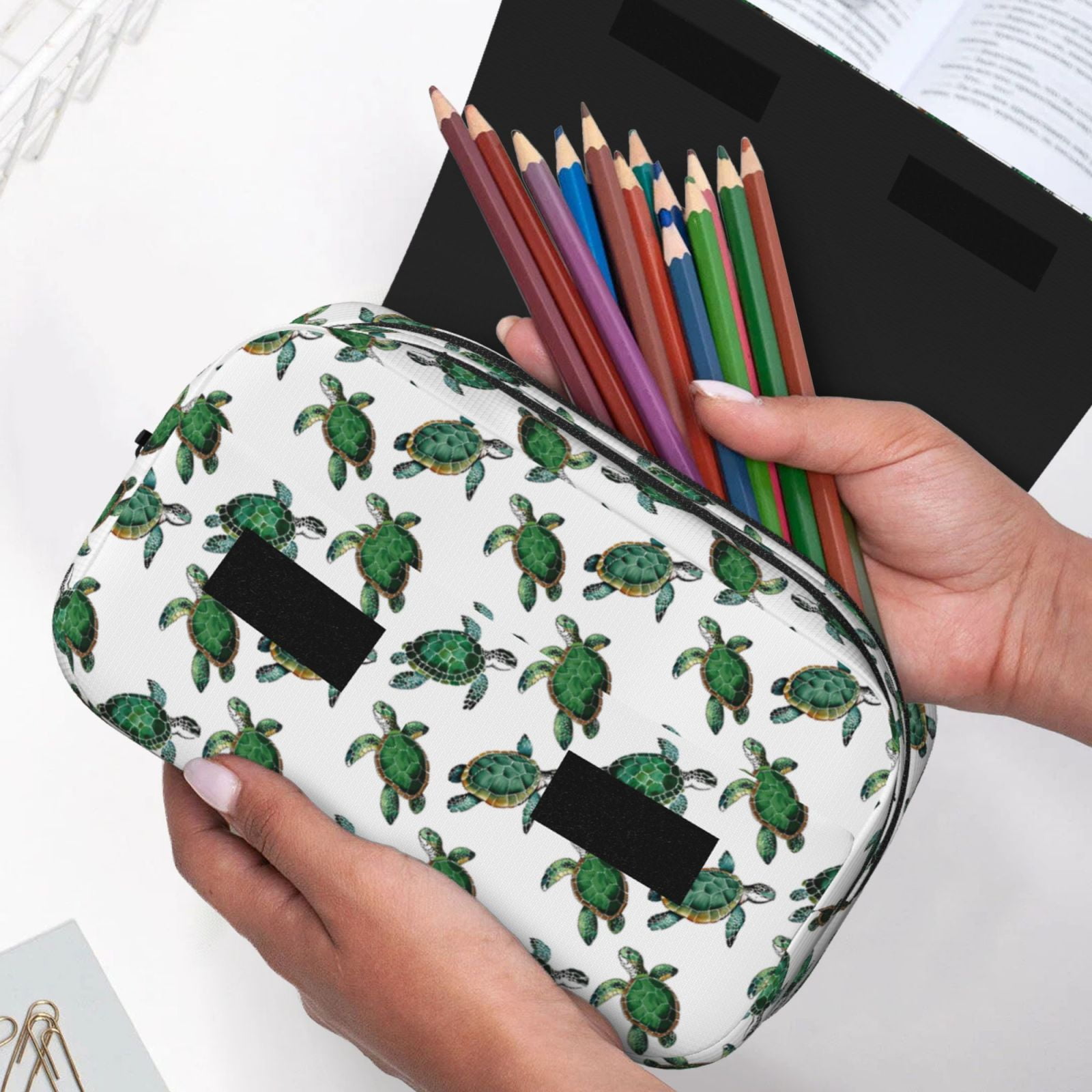 Rateoe Watercolor Turtle Pattern Double Clamshell Pen Case, Storage Organizer with Two Zipper Compartments– Holds Up to 50 Pencils & Pens